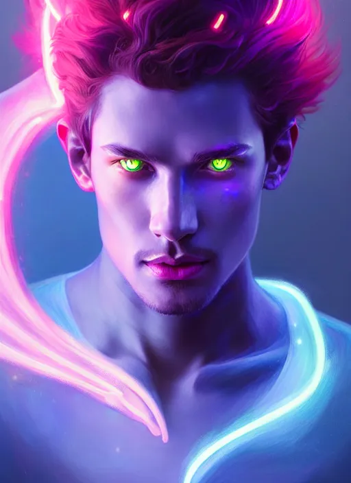 Image similar to a male faceless glowing liquefied stardust adventurer, dnd fantasy character, full body portrait, glowing neon skin, magical aura, ultra realistic, intricate, elegant, highly detailed, digital painting, artstation, smooth, sharp, focus, illustration, art by artgerm and greg rutkowski and alphonse mucha