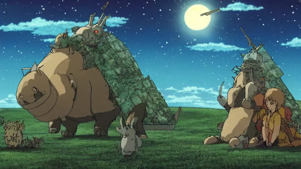 Prompt: a movie still from a studio ghibli film showing a lovecraftian rhinoceros from howl's moving castle ( 2 0 0 4 ). a pyramid is under construction in the background, in the rainforest on a misty and starry night. a ufo is in the sky. by studio ghibli
