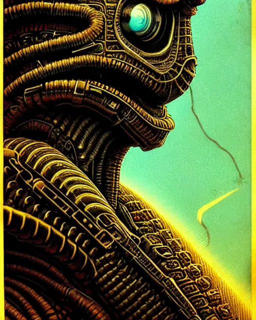 Image similar to unknown creature, character portrait, portrait, close up, concept art, intricate details, highly detailed, vintage sci - fi poster, retro future, vintage sci - fi art, in the style of chris foss, rodger dean, moebius, michael whelan, and gustave dore