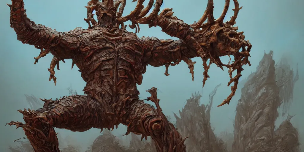 Image similar to Rusty Bronze four armed statue like colossus, character design sheet, Monster Hunter Illustrations art book, giant, trees growing on its body, enormous hands, long limbs, horns on its head, bright pale blue eyes, Moebius, Greg Rutkowski, Zabrocki, Karlkka, Jayison Devadas, Phuoc Quan, trending on Artstation, 8K, ultra wide angle, zenith view, pincushion lens effect.