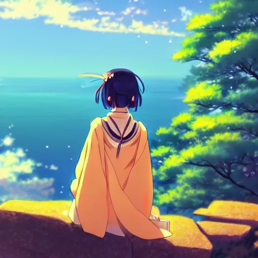 Prompt: an anime girl wearing a kimono sitting on a cliff looking towards a meteor flying overhead, in the style of makoto shinkai - - h 7 2 0 - - w 1 2 8 0