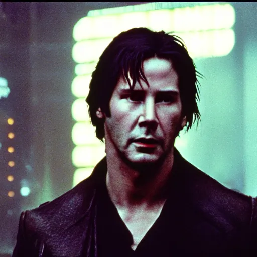 Prompt: A young Keanu reeves as Rick Deckard on blade runner 1982, movie still, in color, movie frame, detailed face, symmetrical face, 4k,