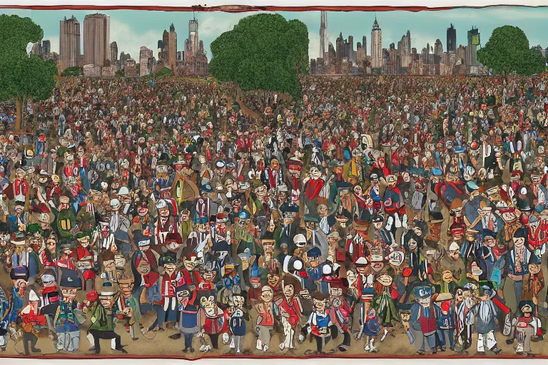 Image similar to an elaborate penned illustration of a convention of waldo's in nee york city and central park, where's wally, where's waldo, by martin hand ford and by jan van haasteren