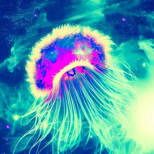 Image similar to swarm of psychedelic lions mane jellyfish swimming through space, colorful, nebula, concept art, universe, cinematic, 8 k