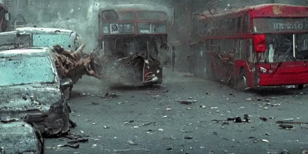 Image similar to a brutal giant zombie try to destroy a bus, still shot from movie