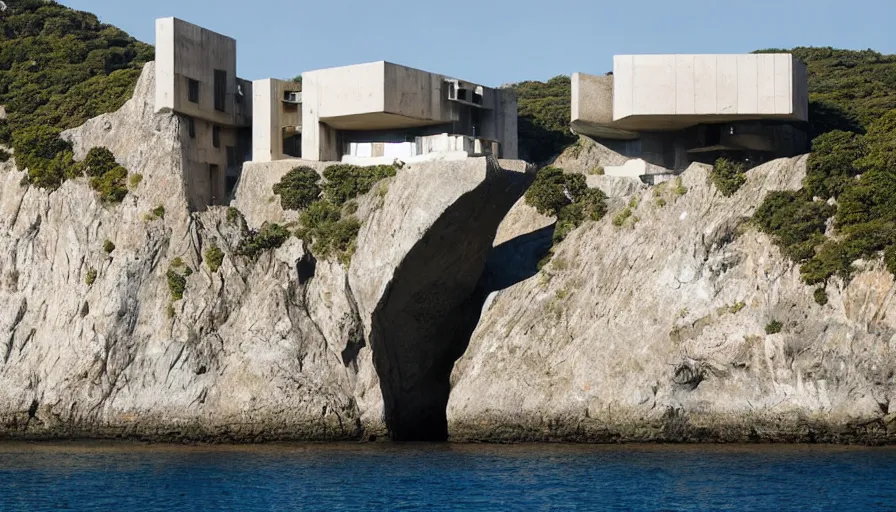 Image similar to big brutalist base perched on a cliff overlooking a magnificient bay, drawing architecture, pritzker architecture prize, greig fraser