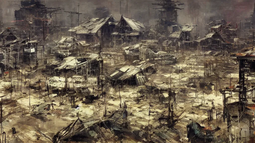 Image similar to post - apocalyspe settlement with houses, hydroponic farms, painted by tsutomu nihei, painted by eddie mendoza, painted by ilya repin