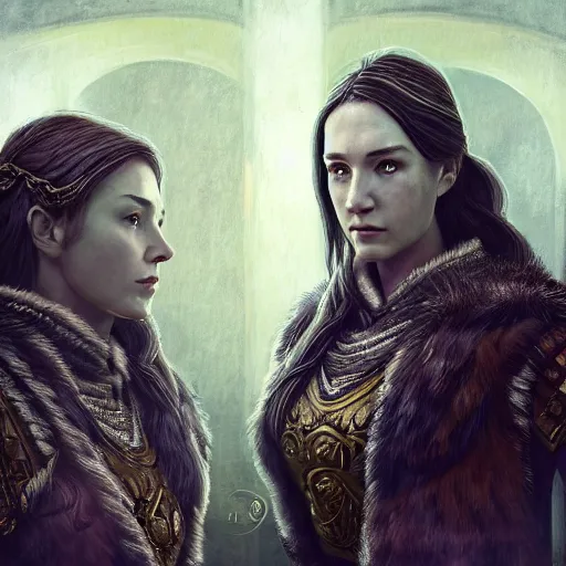 Image similar to the elder scrolls vi, charismatic regal brunette female jarl, portrait, throne room, atmospheric lighting, painted, intricate, volumetric lighting, beautiful, daytime, sunny weather, slight overcast, sharp focus, deep colours, ultra detailed, by leesha hannigan, ross tran, thierry doizon, kai carpenter, ignacio fernandez rios