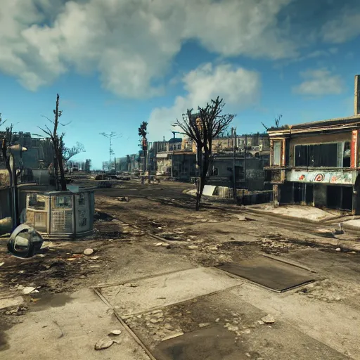 Prompt: Cannes, France in ruins post-nuclear war in Fallout 4, in game screenshot