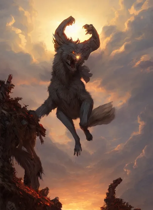 Image similar to a beautiful artwork illustration, rim light Fenrir standing over a medieval village at sunset, destruction, by Greg Rutkowski and Jesper Ejsing and Raymond Swanland, featured on artstation, wide angle, vertical orientation