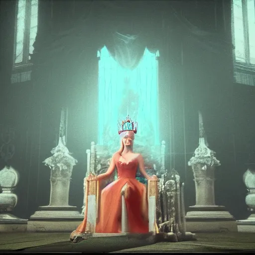 Image similar to A beautiful Queen sitting in a throne, concept art, wide shot, godrays, grand