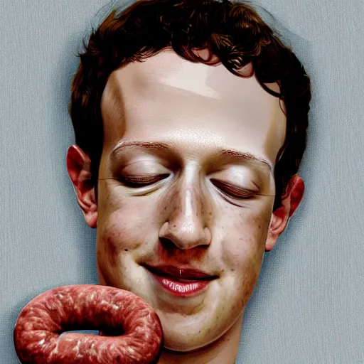 Prompt: mark zuckerberg sleeping in bed with sausages, digital art