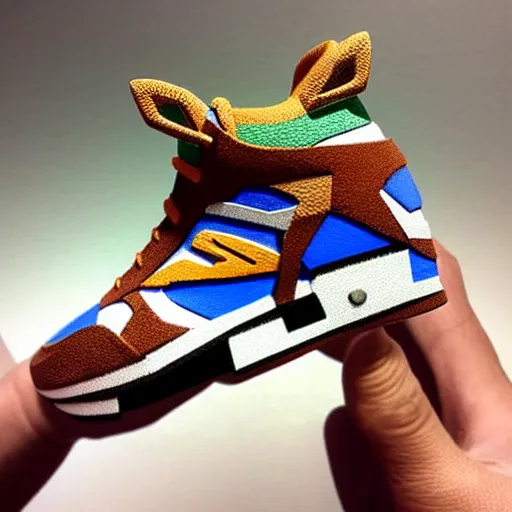 Image similar to realistic scultpure of sneaker! design, sneaker design overwatch fantasy style mixed with aztec mayan native street fashion, focus on sneakers only, shoes designed by akira toriyama and studio ghibli