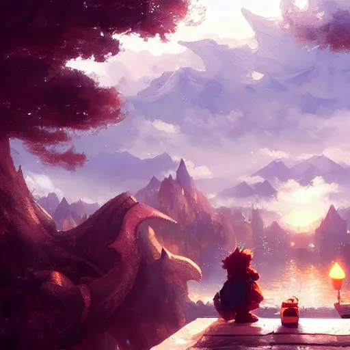 Image similar to a dwarf and a dragon drinking a beer together | gapmoe kuudere moody lighting stunning bokeh highlights sharp contrast | trending pixiv fanbox | by greg rutkowski makoto shinkai takashi takeuchi studio ghibli