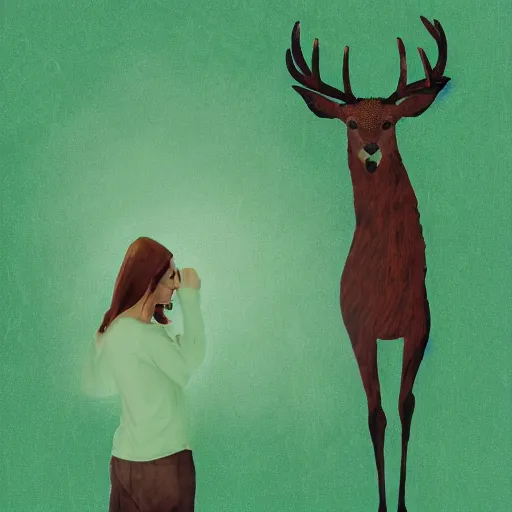 Prompt: a woman facing a giant deer made of green fire, digital art, complex brushstrokes, soft contrast