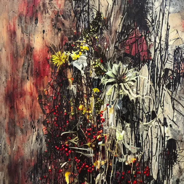 Image similar to “ charred, bushfire, a portrait in a female art student ’ s apartment, australian wildflowers, sensual, queer woman, flax, flannel flower, bottlebrush, eucalyptus, art supplies, a candle dripping white wax, squashed berries, berry juice drips, acrylic and spray paint and oilstick on canvas, surrealism, neoexpressionism ”