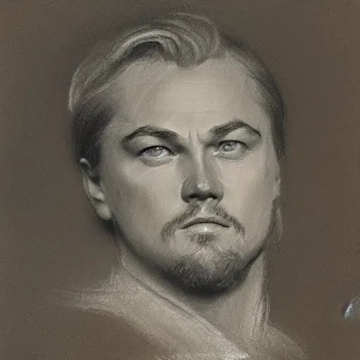 Prompt: portrait drawing of leonardo dicaprio, by ilya repin, russian academicism, charcoal, chalk, mix of hatching and smudging technique, john singer sargent