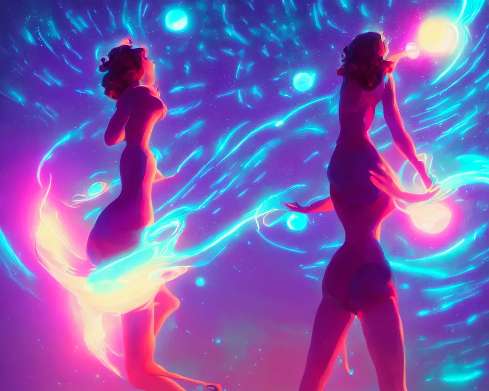 Image similar to a beautiful whimsical woman standing under a multi-colored binary blackhole with an accretion disc, casting magic, glowing trails following her arms, acidwave, by Lois van Baarle, by Greg Rutkowski, by artgerm, by beeple, by studio ghibli, cinematic angle, volumetric lighting, 4k resolution, octane render, trending on artstation, masterpiece