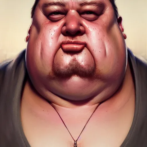 Image similar to hyper realistic, close up portrait of a disgusting fat slob by greg rutkowski, scott m fischer, artgerm, loish, atmospheric, anne stokes, alexandros pyromallis