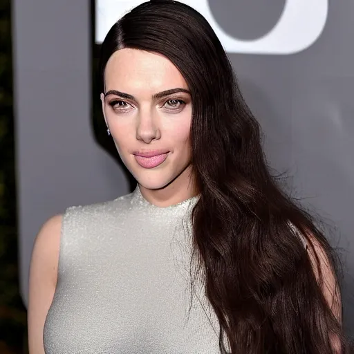 Image similar to a woman who is a genetic combination of kim kardashian and kat dennings and scarlett johansson and margot robbie and emma watson, face and upper - body focus