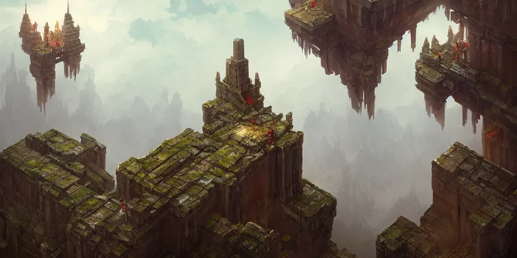 Image similar to an isometric temple in the clouds, by greg rutkowski and james gurney, trending on artstation