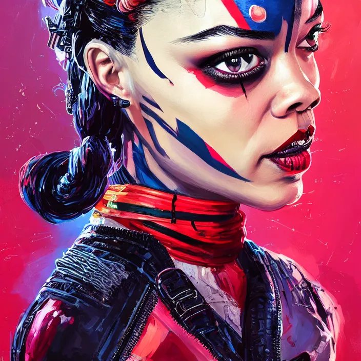 Image similar to portrait of Tessa Thompson as a harley quinn. intricate abstract. intricate artwork. by Tooth Wu, wlop, beeple, dan mumford. octane render, trending on artstation, greg rutkowski very coherent symmetrical artwork. cinematic, hyper realism, high detail, octane render, 8k, iridescent accents