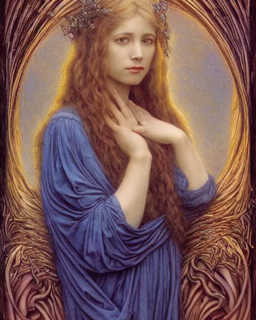 Prompt: matte painting portrait shot, beautiful mira sorvino, detailed and intricate by jean delville, gustave dore and marco mazzoni, art nouveau, symbolist, visionary, colourful, pre - raphaelite