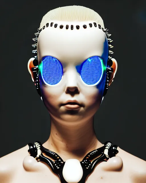 Image similar to symmetrical portrait of a biomechanical cyborg wearing a silicone swarovski studded iridescent beauty mask and neon hair buns, wearing a black bodysuit by alexander mcqueen, cream white background, soft diffused light, biotechnology, humanoid robot, bjork aesthetic, translucent, by rineke dijkstra, intricate details, highly detailed, masterpiece,