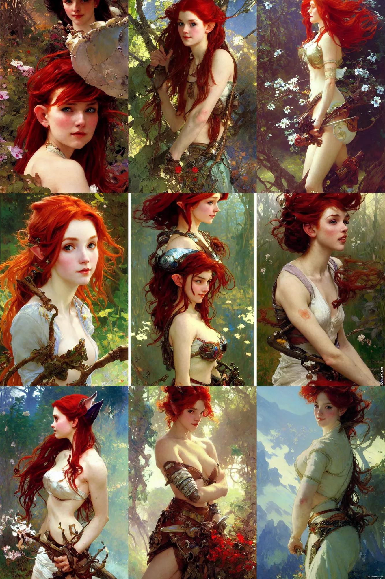 Prompt: portrait of beautiful high-fantasy elf girl with red hair, by Stanley Artgerm Lau greg rutkowski thomas kindkade alphonse mucha loish norman rockwell J.
