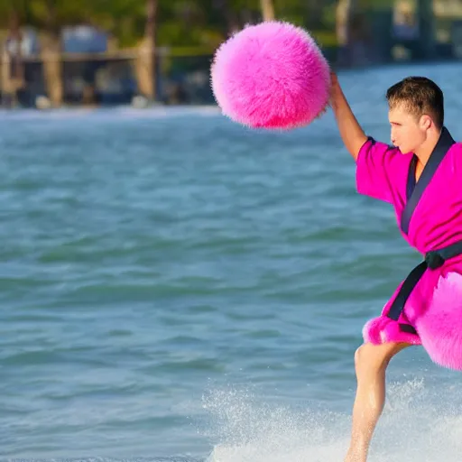 Image similar to a karate person in a karate outfit surfing on a pink ball of fur