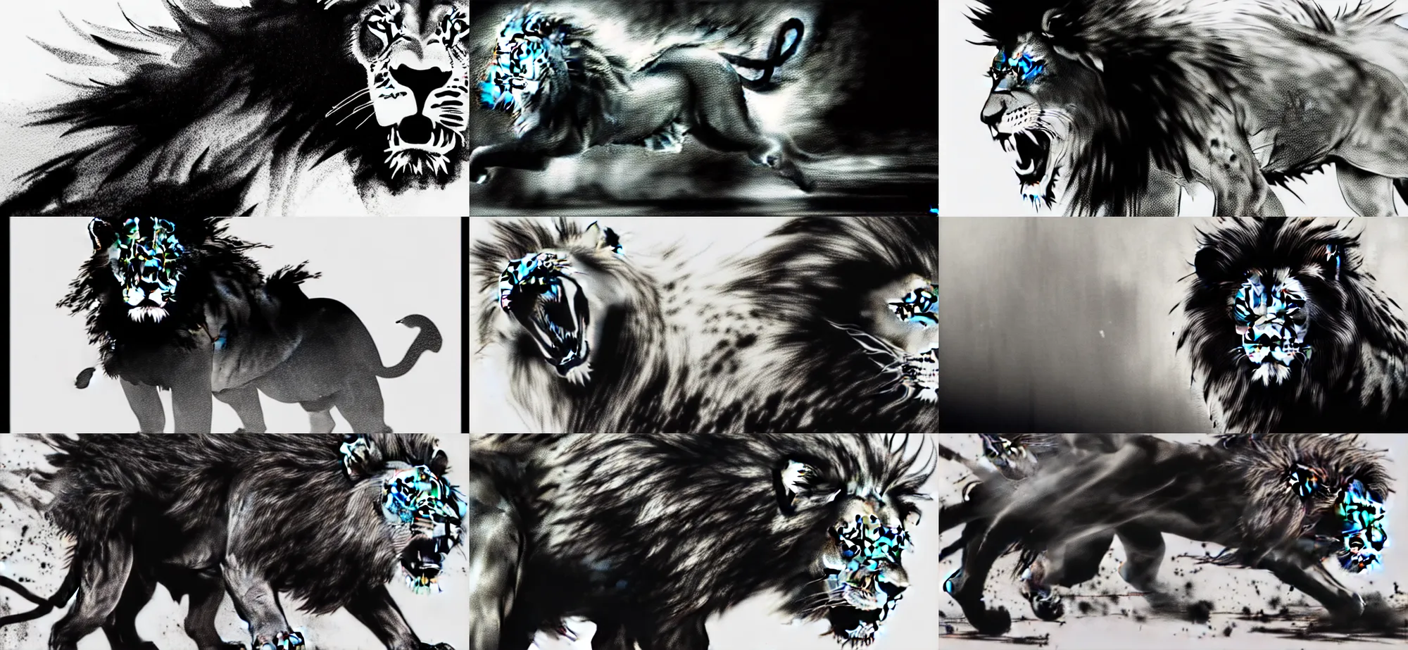 Prompt: concept ink art of a fierce lion with a bushy mane by Yoji Shinkawa, snarling, intense focused gaze, heavy two tone shading, black smoke surrounds the area, black and white filter, white background, by Yoji Shinkawa AND Greg Rutkowski, Mark Arian, 4k, trails of ink follow movements