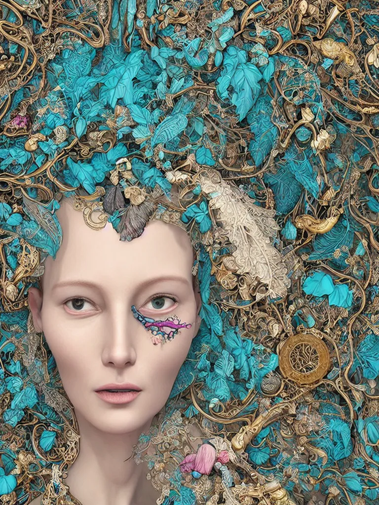 Prompt: cinema 4d colorful render, organic, ultra detailed, of beautiful porcelain single old woman face, translucid. biomechanical cyborg, analog, 35mm lens, beautiful natural soft rim light, big leaves, winged insects and stems, roots, fine foliage lace, turquoise gold details, Alexander Mcqueen high fashion haute couture, art nouveau fashion embroidered, intricate details, mesh wire, mandelbrot fractal, anatomical, facial muscles, cable wires, elegant, hyper realistic, in front of dark flower pattern wallpaper, ultra detailed, 8k post-production