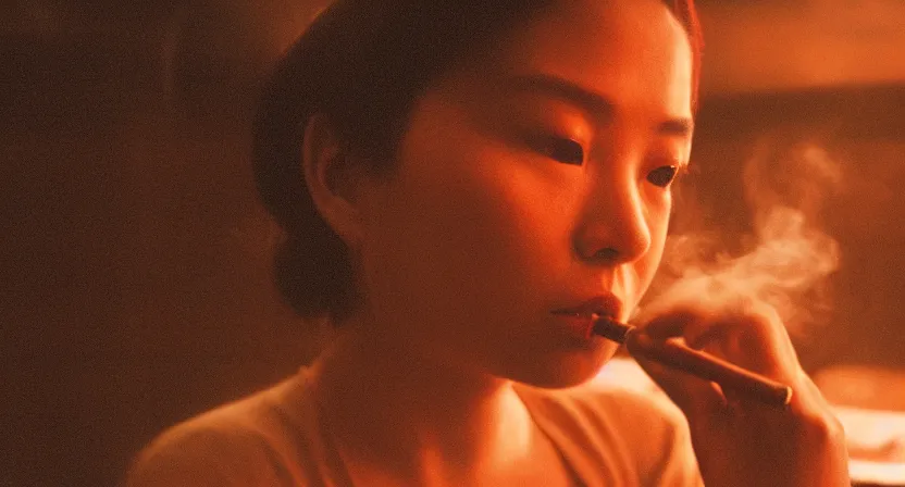 Image similar to girl smoking in a wong kar wai movie, cinematic light, atmospheric effects