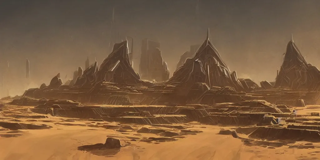 Image similar to dune city with trees and water, and temples of arrakis, arrakeen, arab ar architectural and brutalism and gigantism, from frank herbert novels, composition idea concept art for movies, style of denis villeneuve and greg fraiser