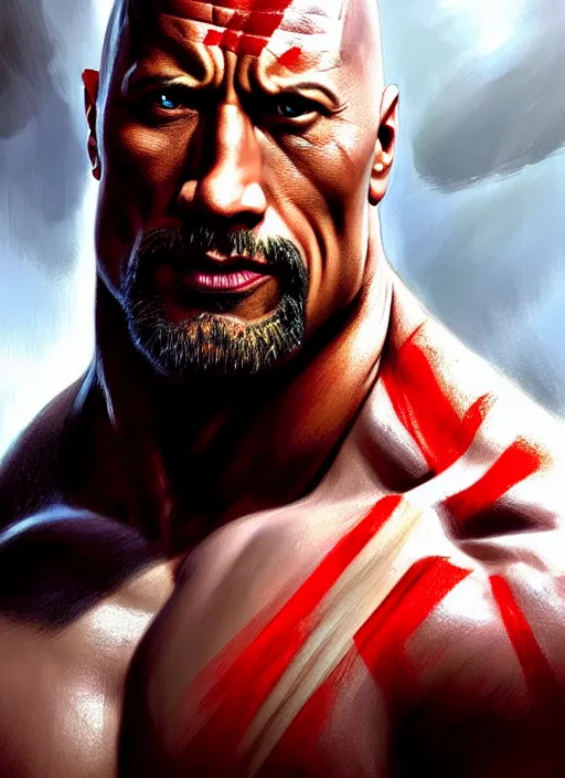 Image similar to ! dream portrait of aggressive dwayne johnson as kratos, d & d, muscular! intricate, elegant, highly detailed, digital painting, artstation, concept art, smooth, sharp focus, illustration, art by artgerm and greg rutkowski and alphonse mucha