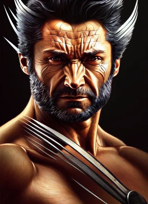 Image similar to Portrait of Wolverine, D&D, muscular, fantasy, intricate, elegant, highly detailed, digital painting, artstation, concept art, smooth, sharp focus, illustration, art by artgerm and greg rutkowski and alphonse mucha