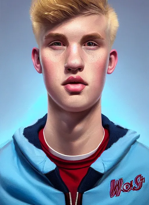 Image similar to portrait of high school senior boy named big moose, blonde short hair, jock, beefy, wide face, square jaw, square facial structure, blue varsity jacket with letter r, intricate, elegant, glowing lights, highly detailed, digital painting, artstation, concept art, sharp focus, illustration, art by wlop, mars ravelo and greg rutkowski