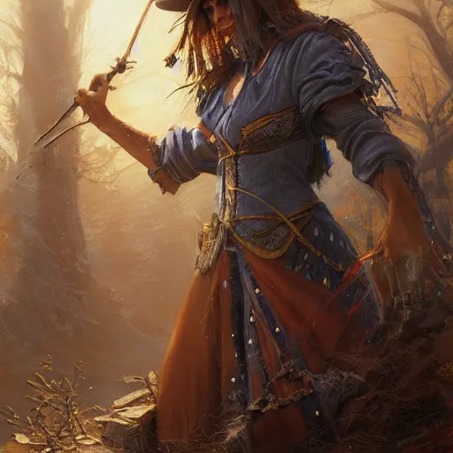 Prompt: a portrait of a character in a scenic environment by robert hagan, hyperdetailed, fantasy, dnd, sorcerer, magic, spells, trending on artstation