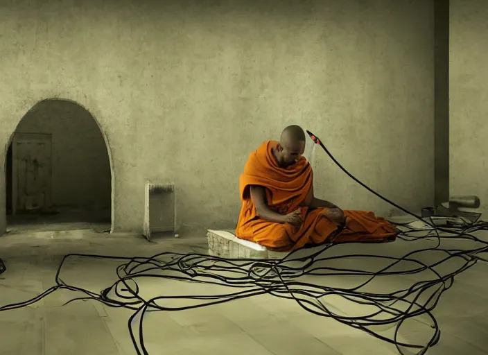 Prompt: a single monk wearing a headset kneeling with wires connecting him to a computer, glow, shadows, vr headset, headset, headset, alone, small room, dust, grime, dirt, nirvana, machines and wires everywhere, colorful neon lights, desaturated, bloom, creepy, dark shadowy surroundings, dystopian scifi, horror, stefan koidl inspired, 4 k