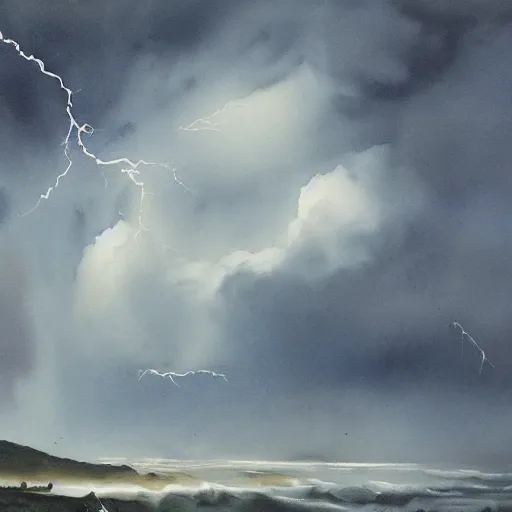 Prompt: a beautiful vintage water colour canvas painting of a girl falling in a stormy sky, ominous, cloudy, lightning, 4 k