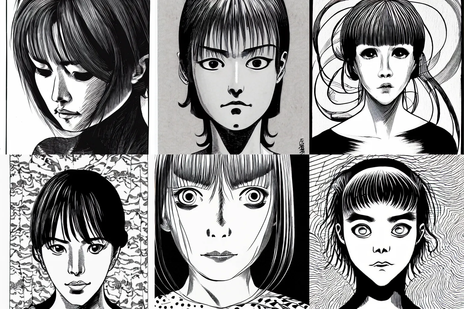 Prompt: beautiful woman portrait, by Junji Ito