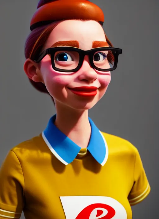 Image similar to a young woman working at burgerking in 1 9 8 5, pixar character design, rendering, artstation trending, cgsociety, golden ratio, octane render, ray traced, 8 k