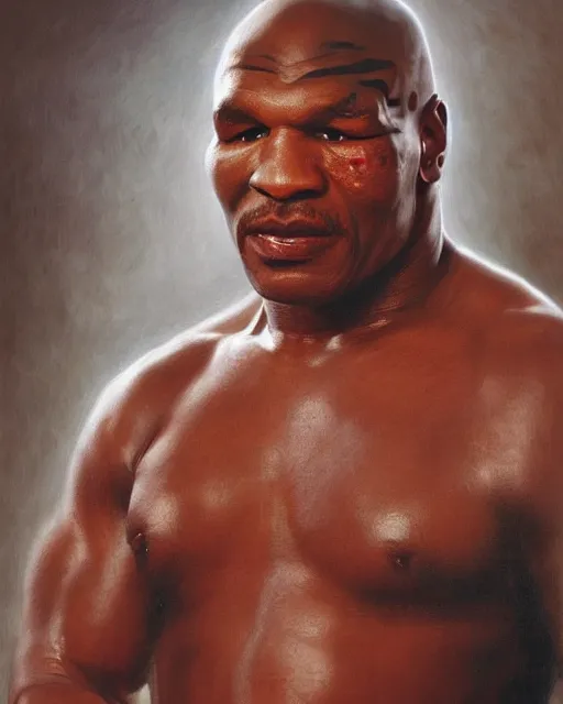 Image similar to beautiful glorious realistic oil painting of mike tyson, bokeh, baroque style by bouguereau, sunset, highly detailed, 8 k intricate