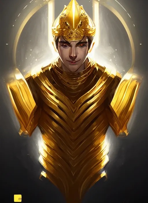 Image similar to a god like human, gold armour, white skin, male, portrait, sharp focus, digital art, concept art, detailed, post processed, dynamic lighting, trending on artstation, by emylie boivin and rossdraws