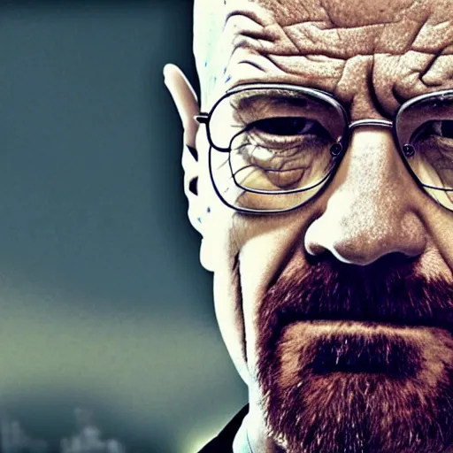 Image similar to breaking bad still frame of a close - up shot of walter white shocked, desert background, breaking bad