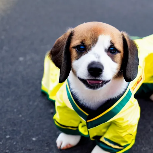 Prompt: a cute puppy wearing an ambulance costume, Canon EOS R3, f/1.4, ISO 200, 1/160s, 8K, RAW, unedited, symmetrical balance, in-frame