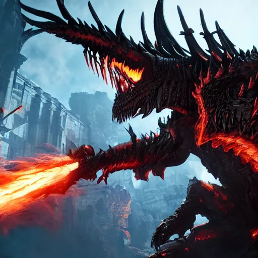 Image similar to 4k unreal engine render of Deathwing spreading his fire in a epic way, dynamic lighting, stunning visuals, cinematic, ultra detailed, trending on art station, fantasy concept art