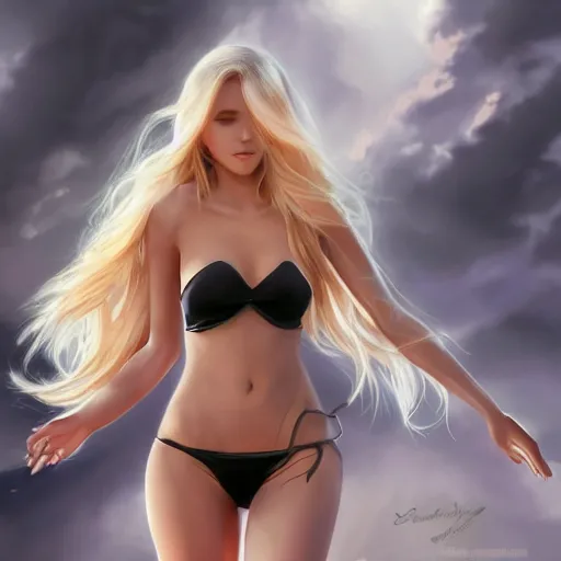 Image similar to a very beautiful obama, full body, long wavy blond hair, sky blue eyes, full round face,, bikini, miniskirt, front shot, highly detailed, cinematic wallpaper by stanley artgerm lau