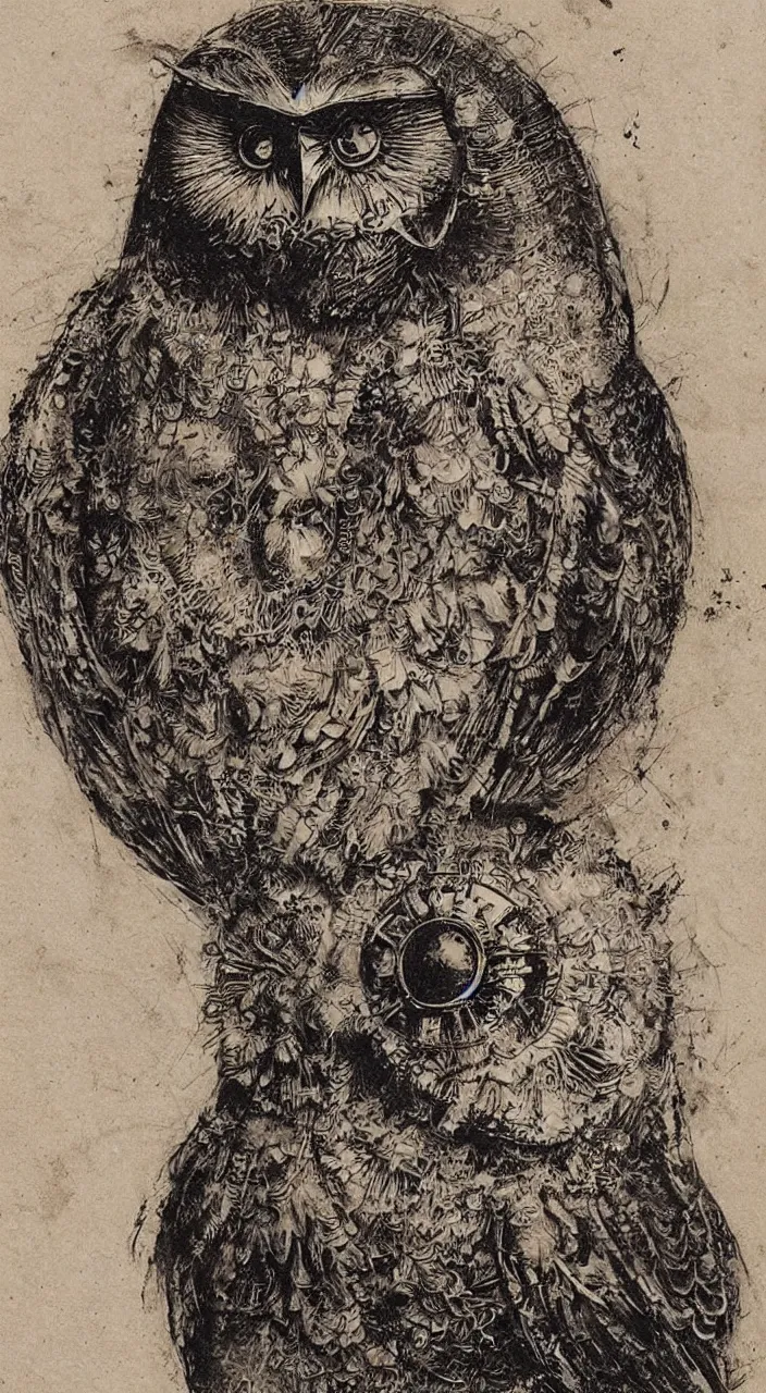 Image similar to Jean-Baptiste Monge and Alex Ross a artwork of leonardo da vinci sketches of steampunk owl