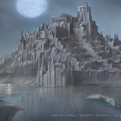 Image similar to fantasy rendering of atlantis rising, art deco city, torrent, maelstrom, dante, chiseled formations, atmospheric, ambient, frost, matte painting